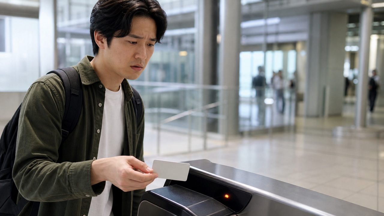 旅客在無品牌日本車站閘門前分開交通卡並查看讀卡訊息的情境示意