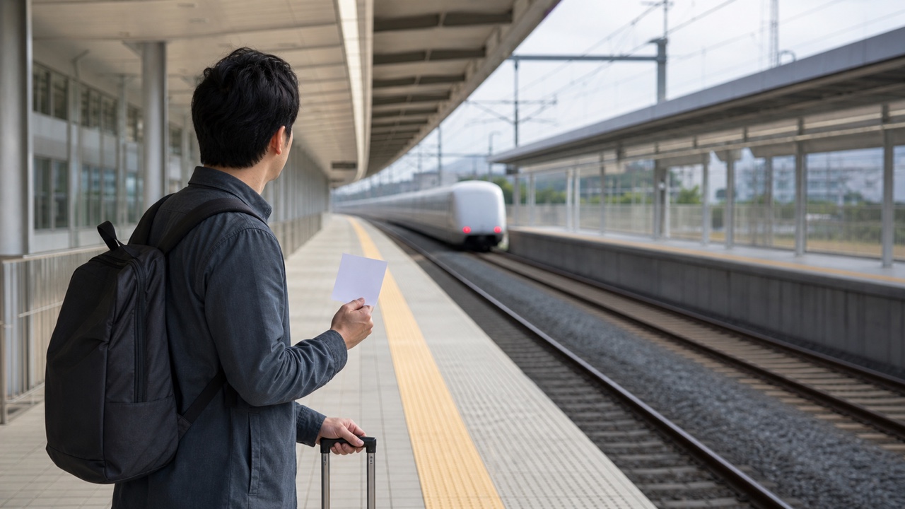 旅客在無品牌新幹線月台拿著空白票券，看著列車尾端遠離的情境示意